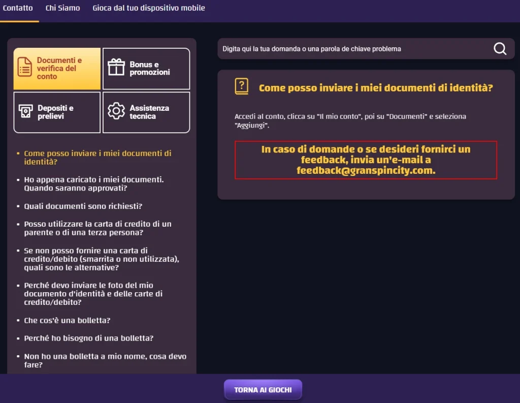 Granspincity Casino centro assistenza con sezione documenti e verifica del conto