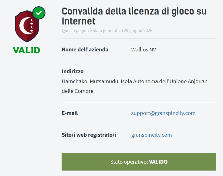 Granspincity Casino pagina di convalida della licenza con stato operativo valido