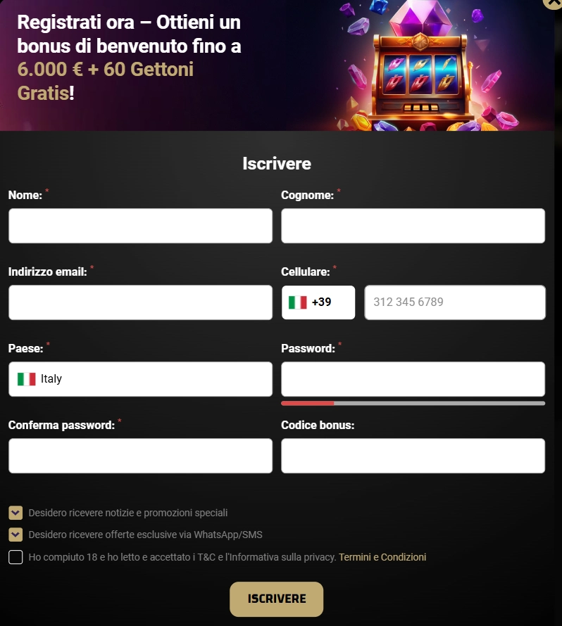 Granspincity Casino modulo di registrazione con bonus di benvenuto fino a 6.000 € e 60 gettoni gratis