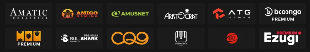 Granspincity Casino elenco dei provider di giochi con loghi Amatic, Amigo Gaming, Amusnet e altri