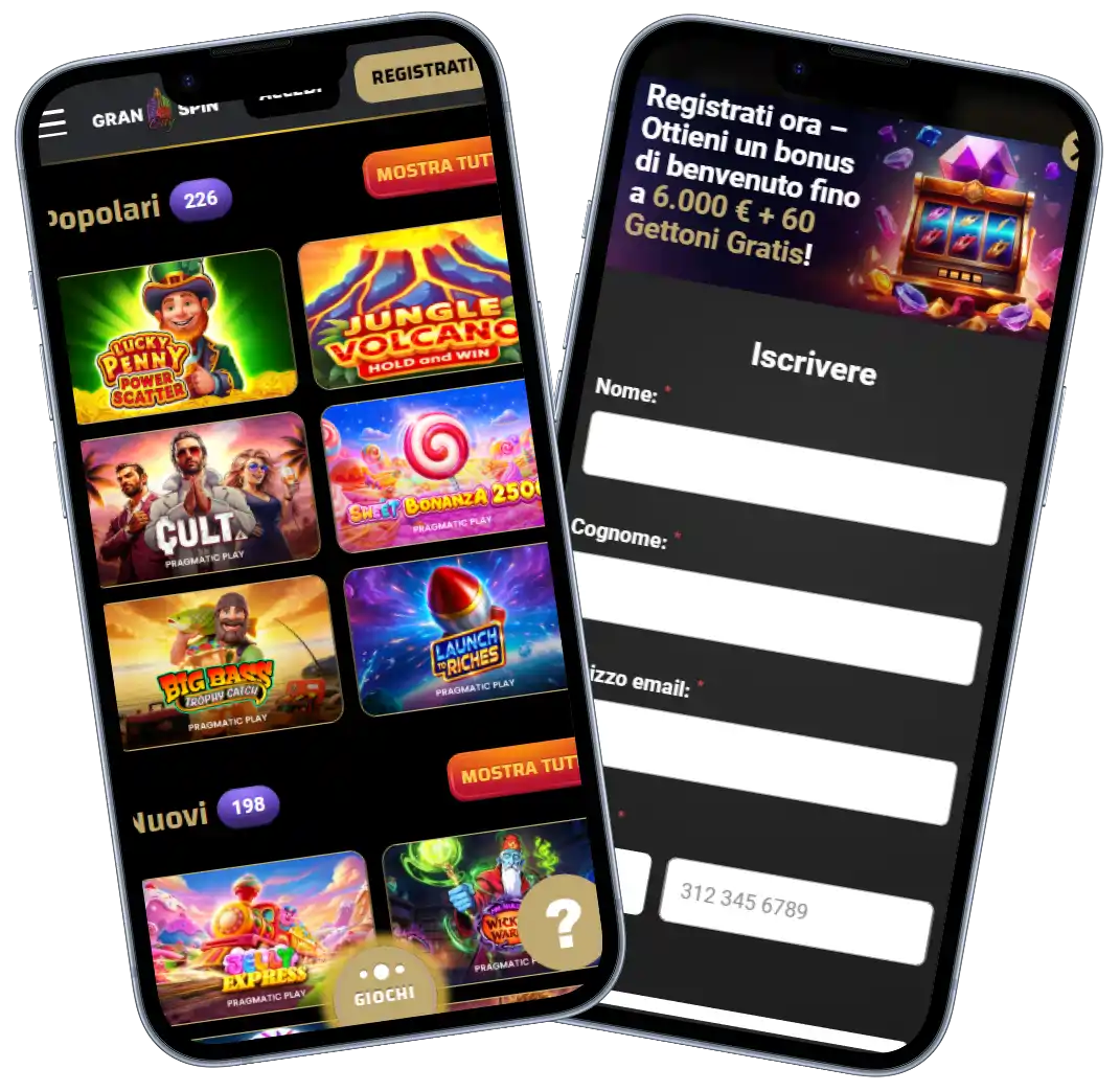 Granspincity Casino versione mobile con slot popolari e modulo di registrazione